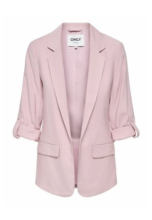 Blazer rose clair aux manches retroussées, revers crantés, deux poches à rabat à l'avant et une étiquette de marque "ONLY" visible à l'intérieur du col.