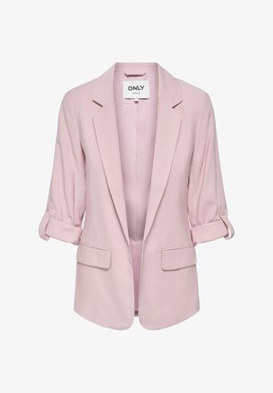 Svjetloružičasti blejzer s podvrnutim rukavima, reverima s urezom, dva prednja džepa s poklopcima i vidljivom naljepnicom brenda "ONLY" unutar ovratnika.