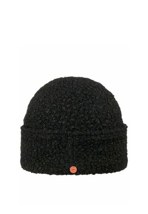 Schwarze strukturierte Strickmütze mit umgeschlagenem Saum und kleinem rundem orangefarbenen Markenabzeichen vorne in der Mitte.