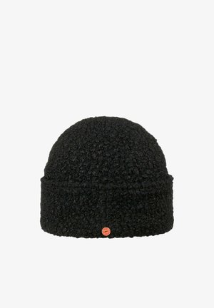 Schwarze strukturierte Strickmütze mit umgeschlagenem Saum und kleinem rundem orangefarbenen Markenabzeichen vorne in der Mitte.
