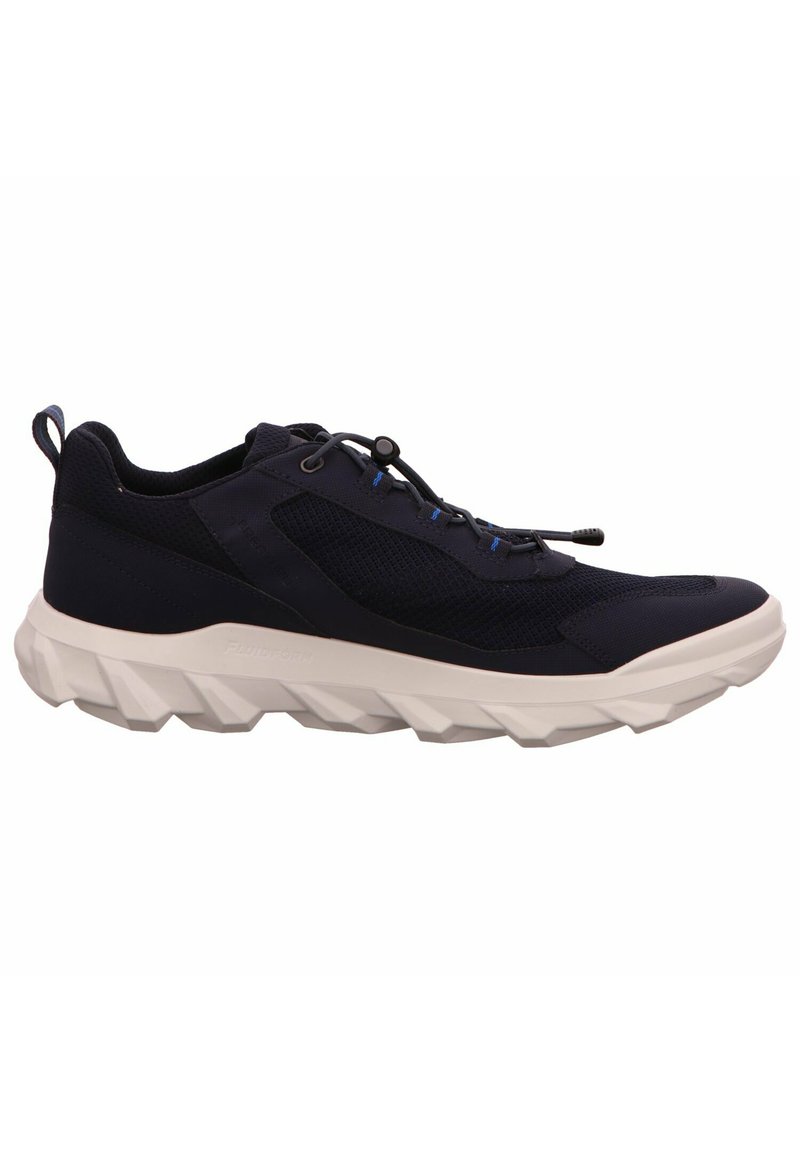 Scarpe da ginnastica blu navy con tomaia in rete, pannelli testurizzati, sistema di allacciatura e una suola bianca e spessa con scanalature profonde per una migliore aderenza.