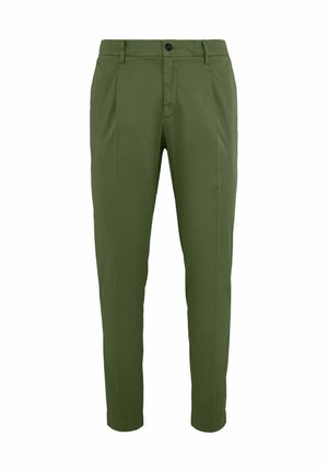 Groene maatwerkbroek met plooien aan de voorkant, knoopsluiting, riemlussen en smalle taps toelopende pijpen.