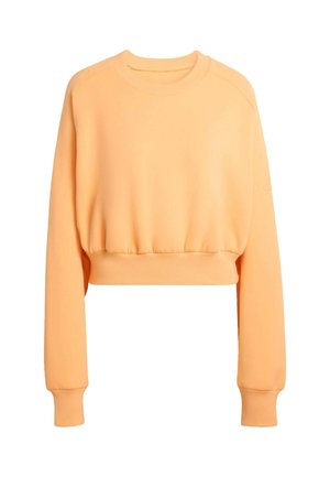 Cropped, orange sweatshirt in a soft fabric with long, ribbed sleeves and a rounded neckline. Features gathered detailing at the hem.