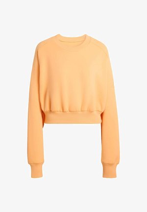 Cropped, orange sweatshirt in a soft fabric with long, ribbed sleeves and a rounded neckline. Features gathered detailing at the hem.