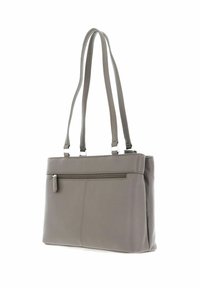 Sac fourre-tout synthétique gris avec deux longues poignées, comportant une poche zippée sur le devant et une texture lisse. Forme rectangulaire avec des lignes épurées.