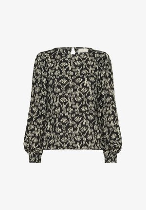 Blusa nera con maniche lunghe a sbuffo e stampa floreale astratta bianca, polsini arricciati e chiusura con bottone a oblò sul collo sul retro.