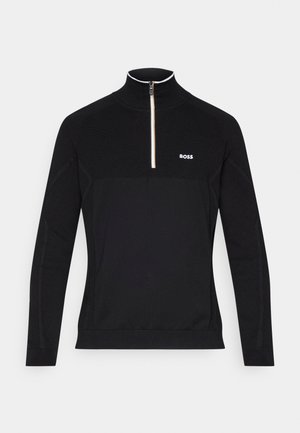 Czarny pulower z średniej warstwy w teksturowanym dzianinie z wysokim kołnierzem i zamkiem błyskawicznym na pół. Logo "BOSS" umieszczone na klatce piersiowej.