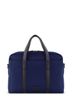 Marineblaue Canvas-Laptoptasche mit dunkelbraunen Kunstledergriffen, rechteckiger Form, Reißverschlussverschluss und einem dezenten, geprägten Logodetail.