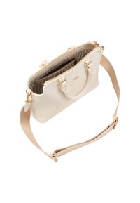 Sac à main structuré beige avec quincaillerie dorée, fermeture à glissière, doubles poignées supérieures et une bandoulière amovible et ajustable. Extérieur texturé et intérieur doublé.