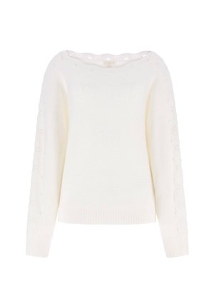 Maglione bianco lavorato a maglia con scollo ampio, maniche lunghe e dettagli a motivo testurizzato lungo le maniche; materiale morbido e accogliente.