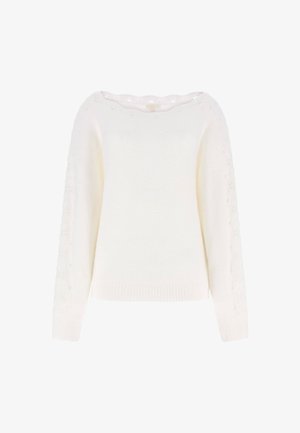 Maglione bianco lavorato a maglia con scollo ampio, maniche lunghe e dettagli a motivo testurizzato lungo le maniche; materiale morbido e accogliente.