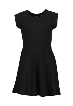 Vestido negro de manga corta con corpiño ajustado y falda acampanada, escote redondo y diseño simple y casual.