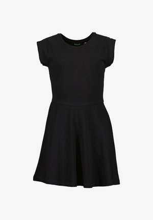 Czarna sukienka z krótkim rękawem, dopasowaną górą i rozkloszowanym dołem, z okrągłym dekoltem i prostym, casualowym stylem.