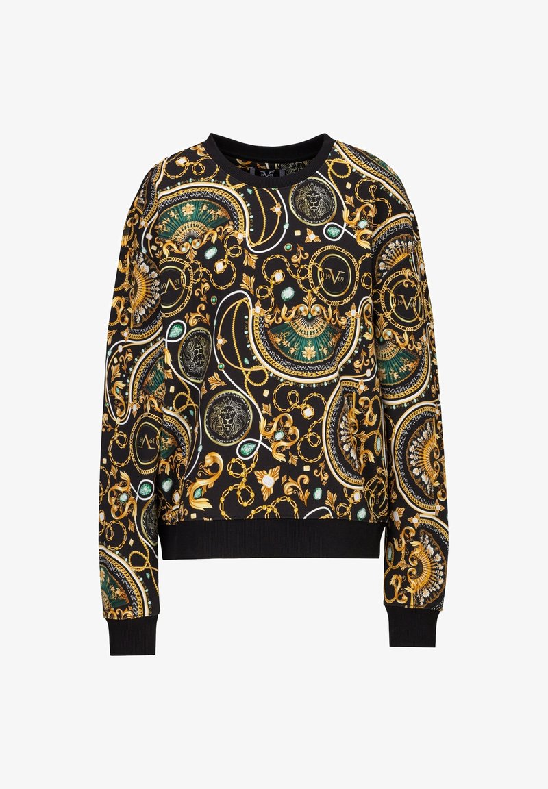 Zwarte sweatshirt met een gouden en groene decoratieve patroon met cirkelvormige motieven, kettingen en juweelaccenten. Geribbelde manchetten en halslijn.
