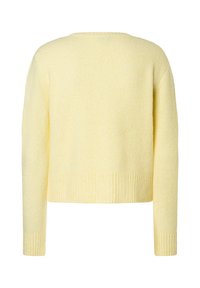 Gelber Strickpullover mit weicher Textur, rundem Ausschnitt und geripptem Saum. Verfügt über lange Ärmel und ein cropped Design.