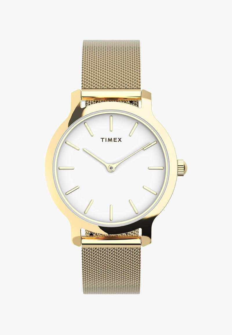 Guldtonet Timex-ur har en rund hvid urskive med minimalistiske timemarkører og er parret med et guldmesh-bånd for et slankt design.