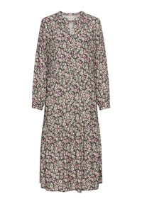 Bloemenjurk met lange mouwen, voorzien van een V-hals en knoopsluiting, grijze achtergrond met kleine roze en witte bloemen, en een vloeibare stof.