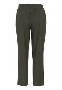 Pantaloni leggeri di un verde scuro con vita elasticizzata e gambe dritte. Presentano dettagli di cuciture sottili. Il materiale sembra morbido.