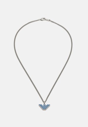 Silver chain necklace featuring a blue enamel pendant shaped like a stylized eagle with horizontal stripes.