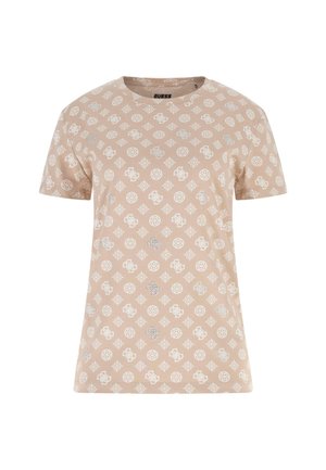 Kurzarm-T-Shirt aus weichem, beige Baumwollstoff mit weißen geometrischen Mustern, versehen mit kleinen silbernen Akzenten, runder Ausschnitt.
