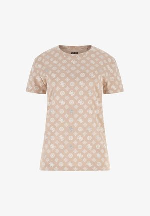 Kortærmet T-shirt i blød beige bomuld med hvide geometriske mønstre, prydet med små sølvdetaljer, rund halsudskæring.