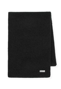Czarny dziergany szalik z fakturowanym wzorem. Posiada srebrną naszywkę z logo w prawym dolnym rogu. Prostokątny kształt. Miękki materiał.