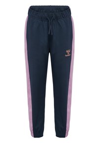 Marinblå sweatpants med rosa sidopaneler, elastisk midja, dragsko och en liten logotyp i korallfärg på vänster framsidan. Mjukt tyg.