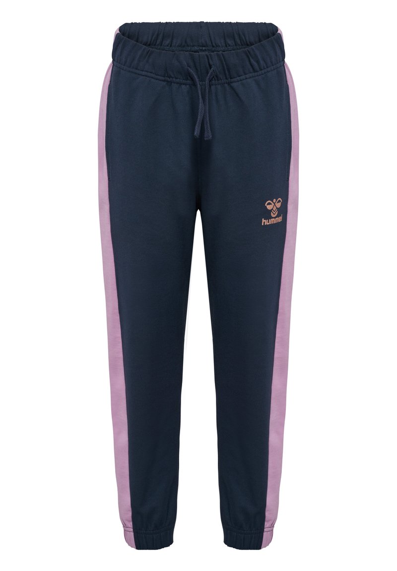 Marineblaue Jogginghose mit pinken Seitenstreifen, elastischem Bund, Kordelzug und einem kleinen Logo in Koralle auf der linken Vorderseite. Weicher Stoff.