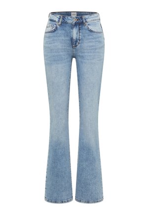 Hellblaue Jeans aus Denim mit hoher Taille, Vorderknopf und Reißverschluss, fünf Taschen und leicht ausgestellten Beinen.