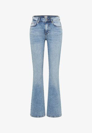 Light blue denim jeans with a high waist, front button and zipper, five pockets, and slightly flared legs.