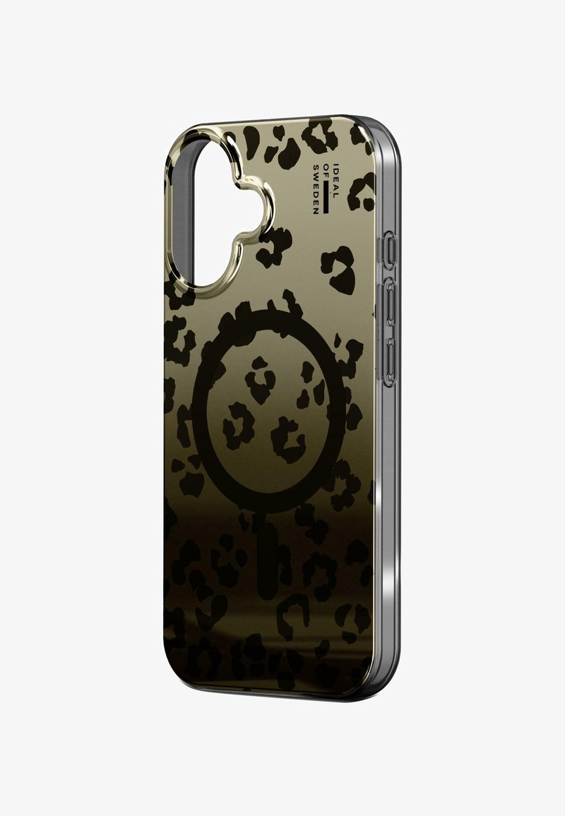 Telefonveske i svart og brunt leopardmønster. Har en blank overflate, utskjæring til kamera, og knapper på siden. Designet for beskyttelse.