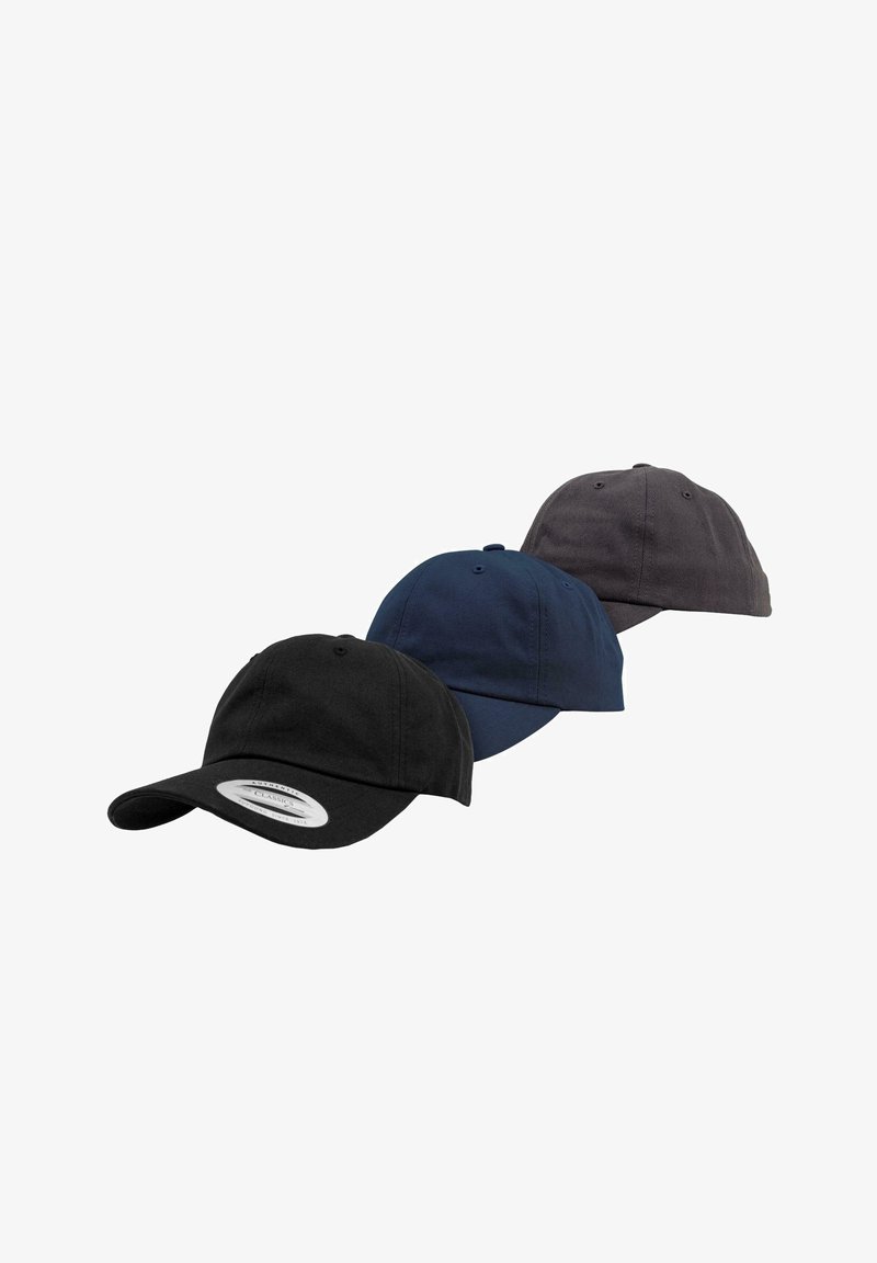 Three cotton baseball caps in black, navy blue, and dark grey, featuring curved brims and rounded crowns with stitched detailing.