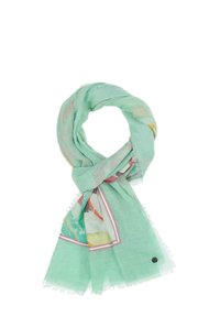 Sciarpa leggera verde menta con motivo floreale, bordi frangiati e un design dai colori tenui, tra cui accenti di rosa e giallo.