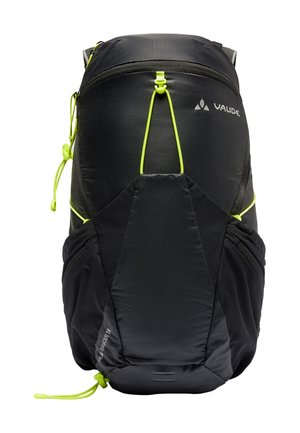Sac à dos noir avec des accents vert fluo, fabriqué en tissu texturé. Il possède des bretelles réglables, une poche avant et une poche latérale en mesh.