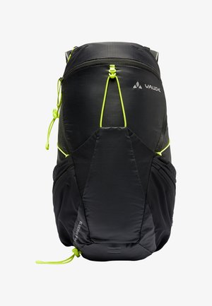 Black backpack with lime green accents, made of textured fabric. Features adjustable straps, a front pocket, and a mesh side pocket.