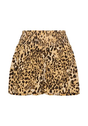 Hoher Bund, plissierter Rock mit Leopardenmuster und elastischem Taillenbund, beige Grundfarbe mit schwarzen und dunkelbraunen Flecken.