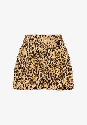 Hoher Bund, plissierter Rock mit Leopardenmuster und elastischem Taillenbund, beige Grundfarbe mit schwarzen und dunkelbraunen Flecken.