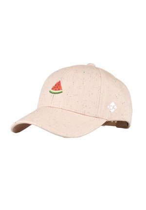 Hellbeige Baseballkappe mit kleinen farbigen Sprenkeln, bestücktes Wassermelonenscheiben-Design vorne und einem kleinen Logo an der Seite.