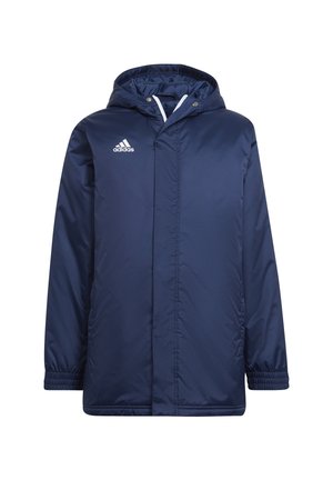 Marineblauwe waterdichte jas met een capuchon, elastische manchetten en een geborduurd Adidas-logo op de linkerborst. Glad, lichtgewicht stof.