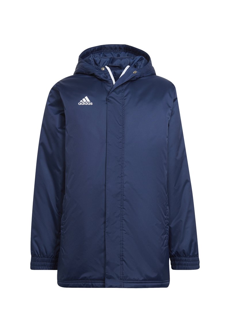 Navyblaue wasserdichte Jacke mit Kapuze, elastischen Bündchen und gesticktem Adidas-Logo auf der linken Brust. Glattes, leichtes Material.