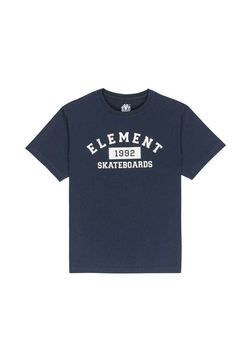 Camiseta de manga corta azul marino con el texto blanco "ELEMENT 1992 SKATEBOARDS" impreso en el centro frontal.