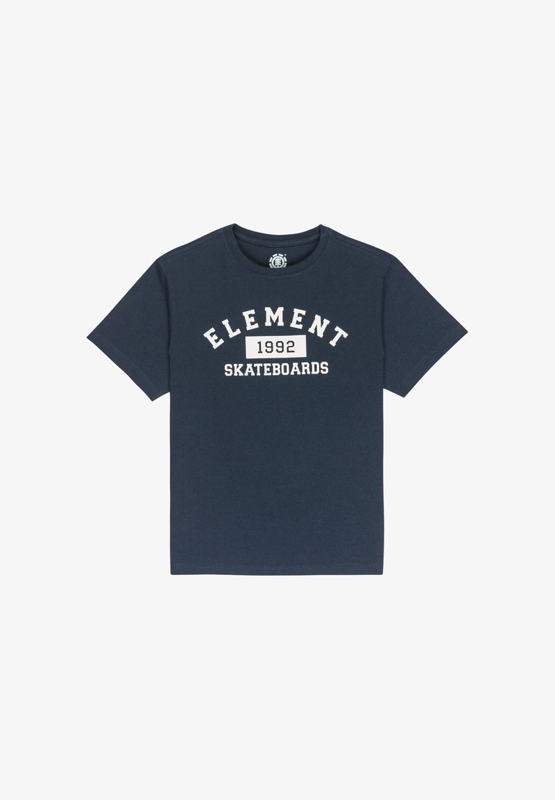 Camiseta de manga corta azul marino con el texto blanco "ELEMENT 1992 SKATEBOARDS" impreso en el centro frontal.