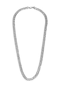 Zilveren ketting met in elkaar grijpende schakels, een gladde textuur en een sluiting voor verstelbare lengte. Eenvoudig en metallic ontwerp.