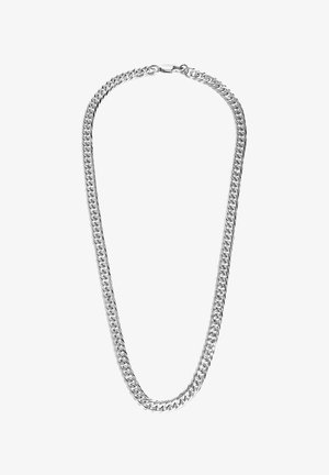 Collier en argent composé de maillons entrelacés, texture lisse et fermoir pour une longueur ajustable. Design simple et métallique.