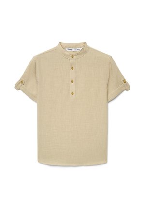 Camicia beige a maniche corte con collo alla mandarina, quattro bottoni frontali e patte delle maniche abbottonate, realizzata in tessuto strutturato.