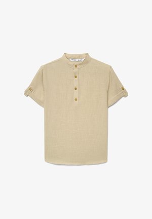 Camicia beige a maniche corte con collo alla mandarina, quattro bottoni frontali e patte delle maniche abbottonate, realizzata in tessuto strutturato.