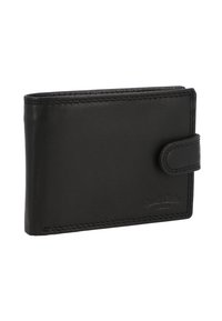 Billetera de cuero negro con una textura suave, bordes cosidos y cierre de botón. Presenta un logo sutil en la parte frontal. Forma rectangular compacta.