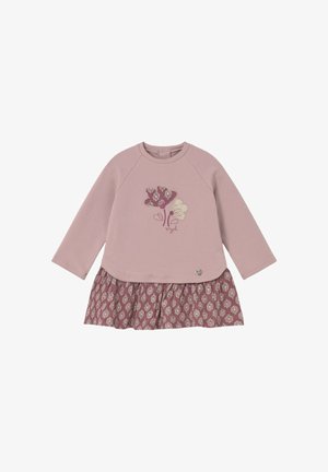 Vestito a maniche lunghe lilla chiaro per bambino piccolo con ricamo floreale sul petto e gonna arricciata a fantasia nei colori abbinati.