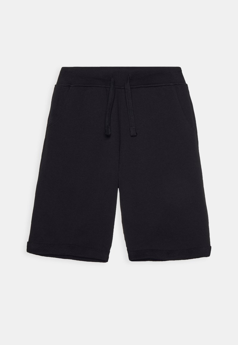 Black cotton shorts with an elastic waistband and drawstring. Features a smooth texture and folded hems for a relaxed fit.