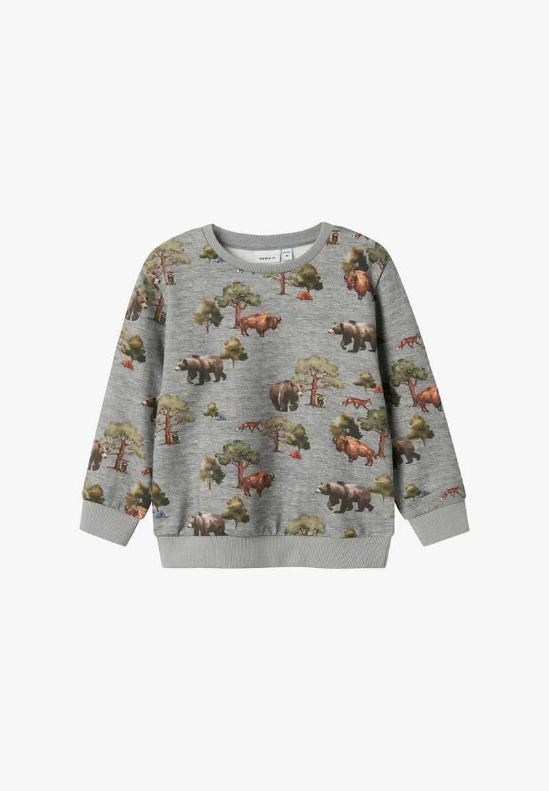 Felpa grigia con motivo forestale che presenta orsi, volpi e alberi, realizzata in materiale morbido con polsini e colletto a costine.
